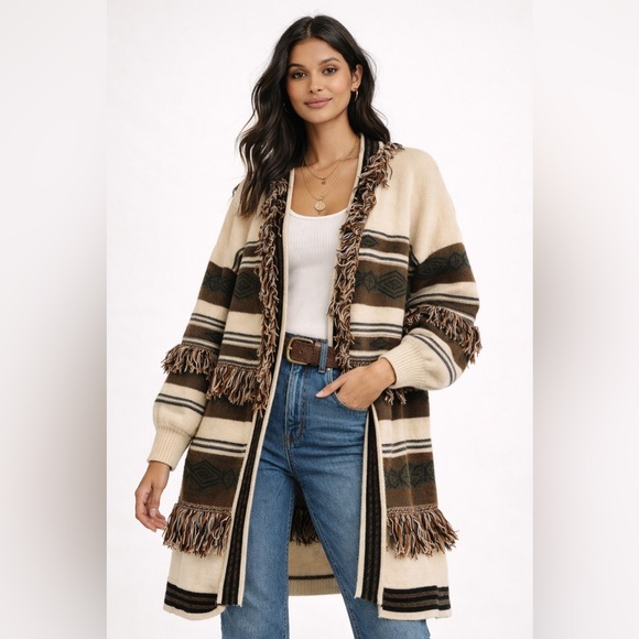 Saints & Hearts Sweaters - Saints & Hearts Southwestern Fringe Brown Cream Cardigan Duster Boho Aztec M/L